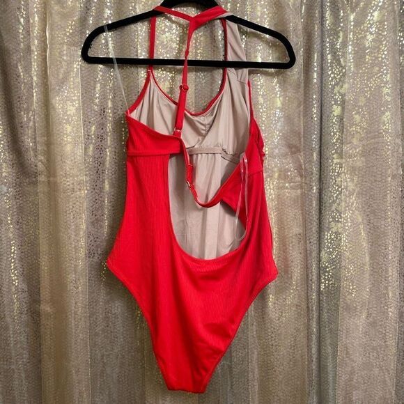 Shade & Shore cherry red ribbed asymmetrical one piece swimsuit XL NWT - Picture 2 of 4